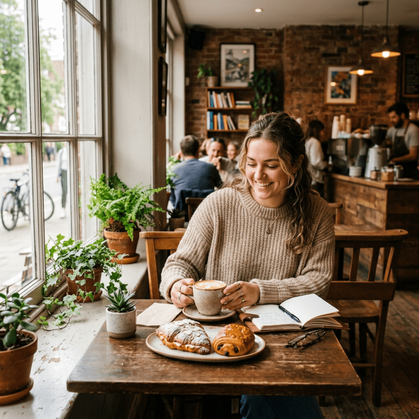 Warm cafe scene with coffee, pastries, natural light